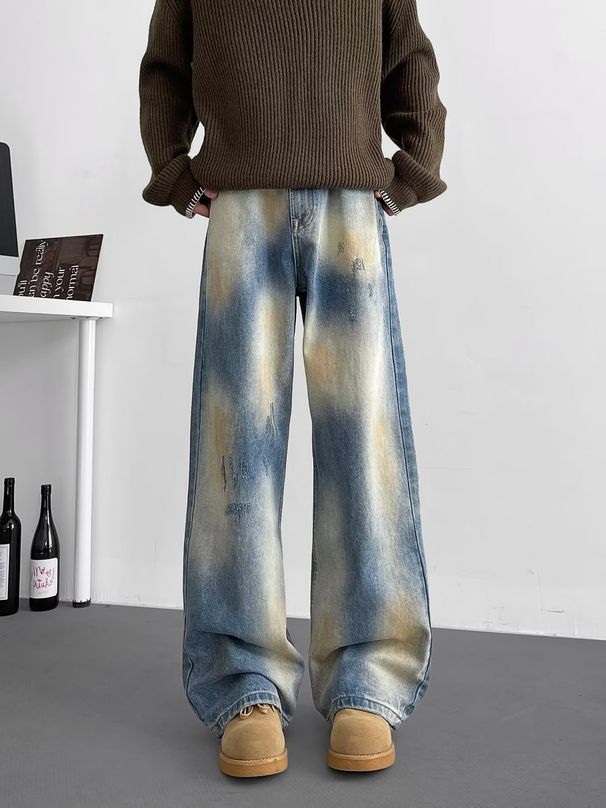 Men's Clothing Retro Washed Old Wide Leg Jeans Men And Women Street Loose Straight Design Pants_viptrois.com