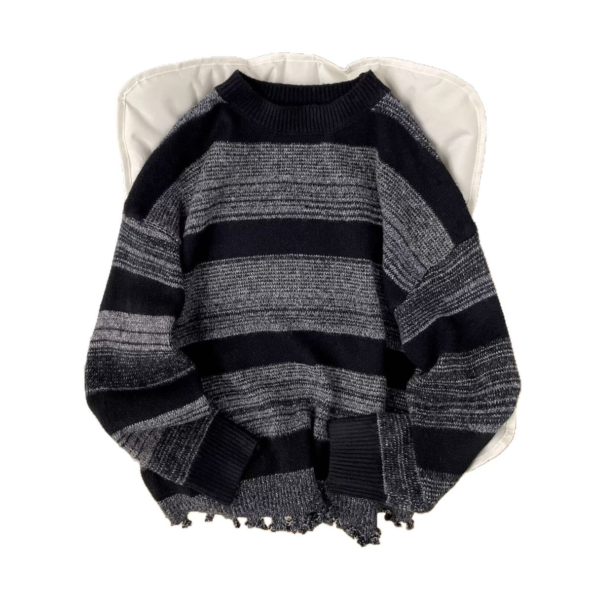 Retro Contrasting Striped Sweater With Loose Frayed Edges And Holes, Knitted Sweater Jacket_viptrois.com