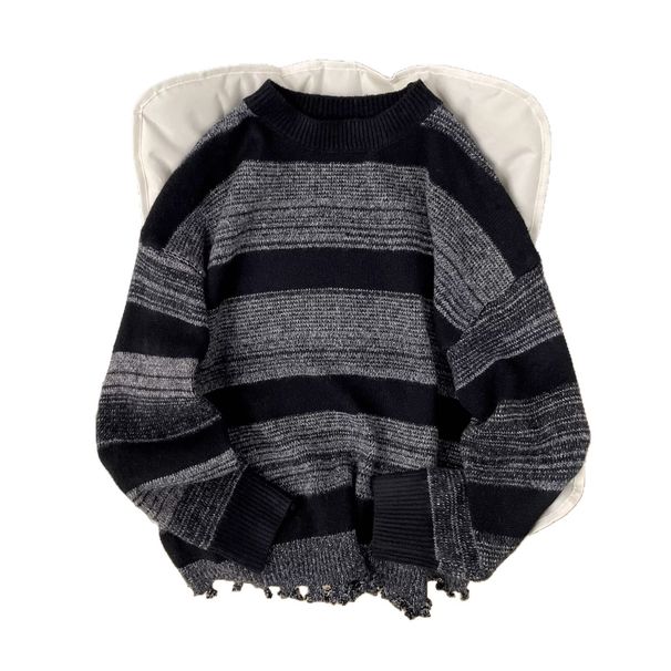 Retro Contrasting Striped Sweater With Loose Frayed Edges And Holes, Knitted Sweater Jacket_viptrois.com