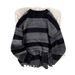 Retro Contrasting Striped Sweater With Loose Frayed Edges And Holes, Knitted Sweater Jacket_viptrois.com