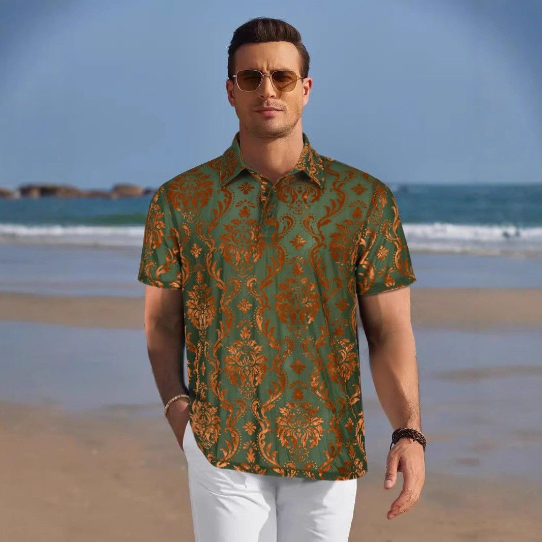 Men's Clothing Men's Summer Transparent Henry Shirt Printed Polo Shirt Party Nightclub Lapel Short Sleeve_viptrois.com