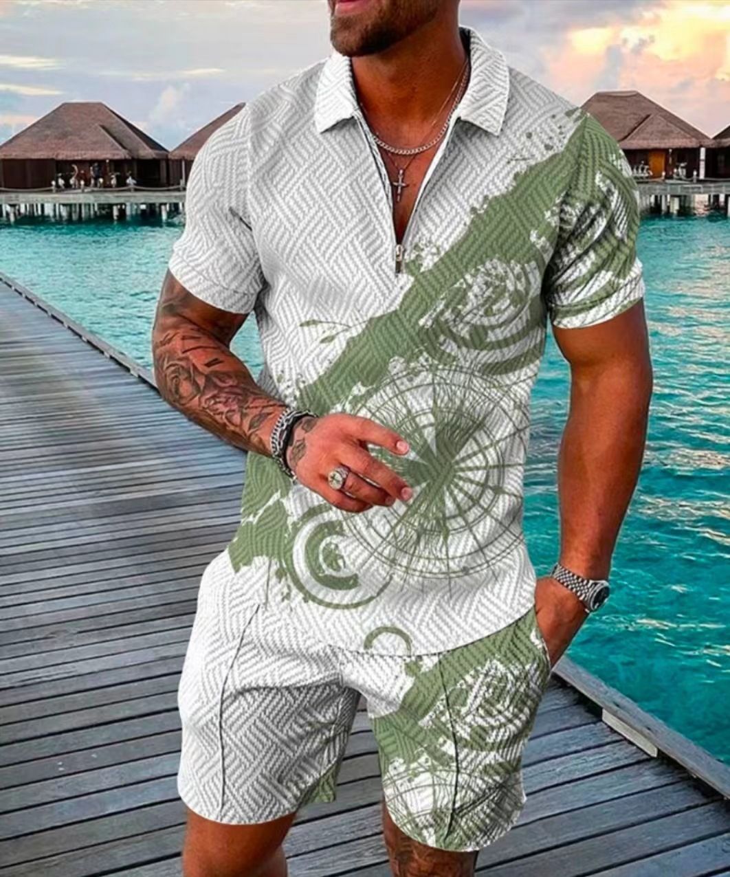 Men's Clothing Fashion Zipper Polo Shirt Suit Casual Printed Polo Shirt Shorts 2 Piece Set_viptrois.com