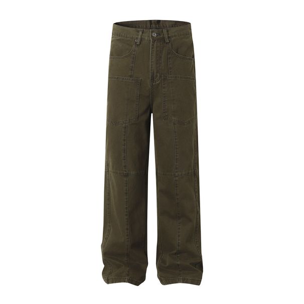 American High Street Solid Color Cargo Long Men's Vibe Trendy Brand Heavy Industry Split Deconstructed Spliced Denim_viptrois.com