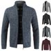 Men's Fleece Lined Zip Up Sweater - Warm Winter Knit Cardigan With Stand Collar, Solid Color Casual Outerwear_viptrois.com