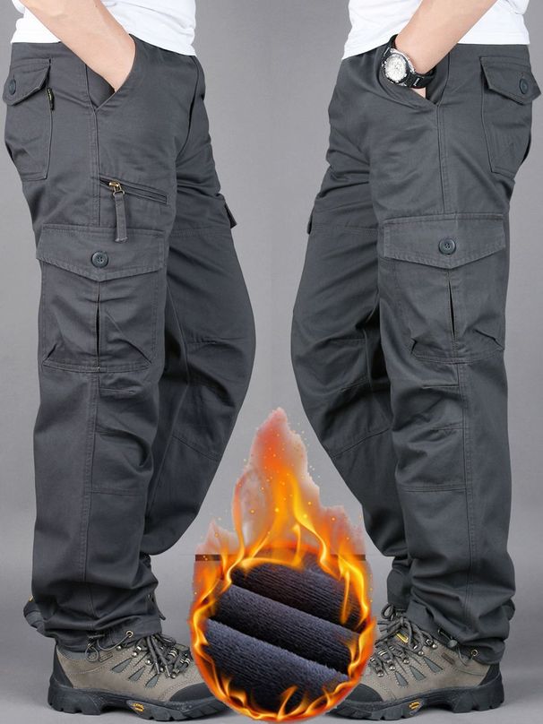 Men's Clothing new style plus velvet thickened multi pocket overalls men's trousers outdoor casual pants loose warm men's pants_viptrois.com