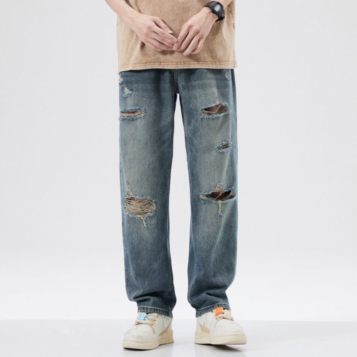 Men's Clothing New Retro Washed Hole Jeans Men's Casual Versatile Loose Straight Wide Leg Pants Handsome Style_viptrois.com