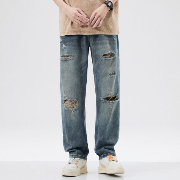 Men's Clothing New Retro Washed Hole Jeans Men's Casual Versatile Loose Straight Wide Leg Pants Handsome Style_viptrois.com