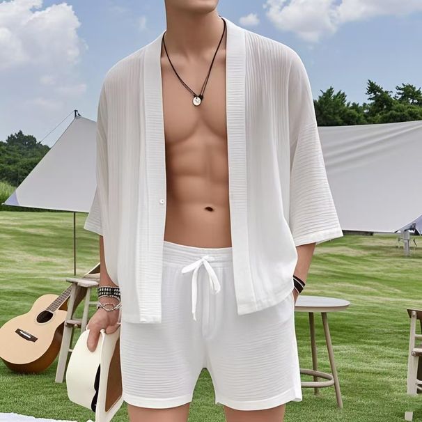 Men's Clothing Casual Shirt And Shorts Two Piece Suit New Loose Three Quarter Sleeve Shirt Men's Slim Casual Shorts Men_viptrois.com