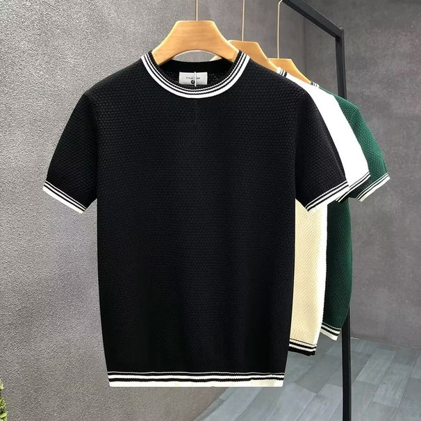 Men's Factory Direct Sales Of Cross Border Summer Knitwear For Men, Round Neck, Cool Silk, Youth Short Sleeved Base Shirt, Color Blocked Slim Fit Top._viptrois.com