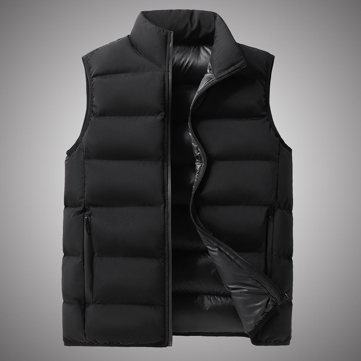 Men's Water Repellent Winter Vest – Stand Collar Thickened Jacket, Solid Color (Black/Khaki, Sizes L-5XL)_viptrois.com