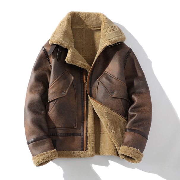 Men's Clothing loose large size winter new men's solid color casual lapel jacket leather fur 2209141_viptrois.com