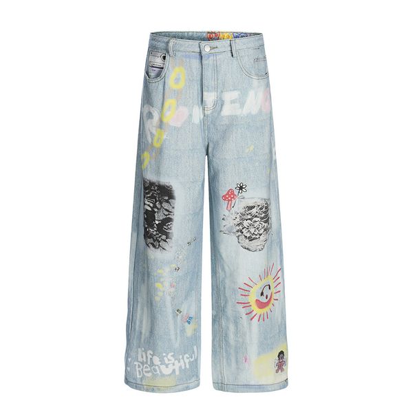 Unique High Street Graffiti Print Wide-Leg Jeans Hip-Hop Trend Loose Washed Straight Long Pants Men's Design Sense_viptrois.com