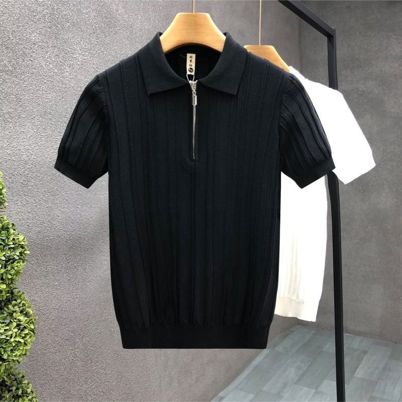 Men's Clothing Half Zip Polo Shirt Knitted Lapel Short Sleeved T Shirt Ice Silk Summer Breathable Tops_viptrois.com