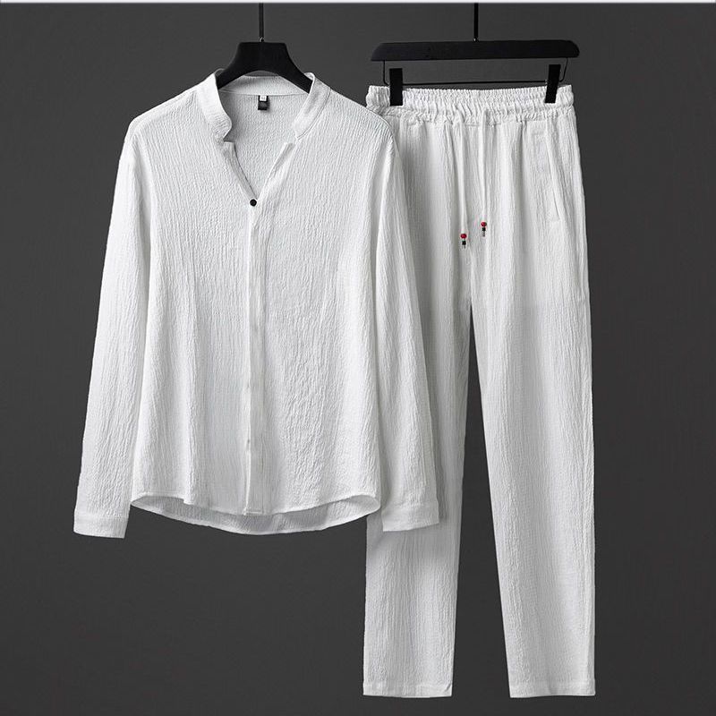 Men's Clothing Casual Sports Suit For Trendy Men Chinese Style Tang Suit Long Sleeved T Shirt Large Size Breathable V Neck Shirt Two Piece Set_viptrois.com
