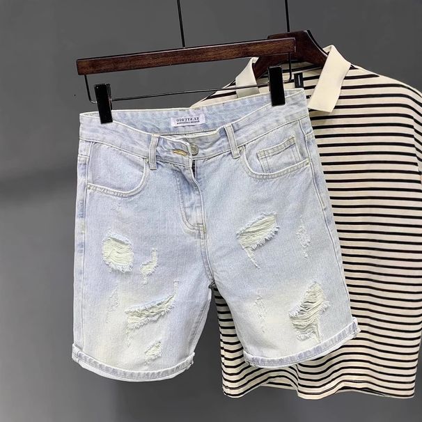 Summer New Style Beggar Cat Whisker Large Hole Trendy Men's Five-Point Mid Pants Fashion Brand Washed Light Blue Denim_viptrois.com
