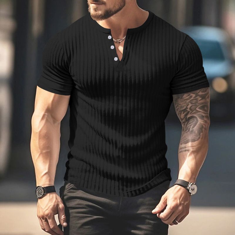 Men's Clothing Short Sleeved Tops Ribbed V Neck Slim Short Sleeved Henry T Shirt_viptrois.com