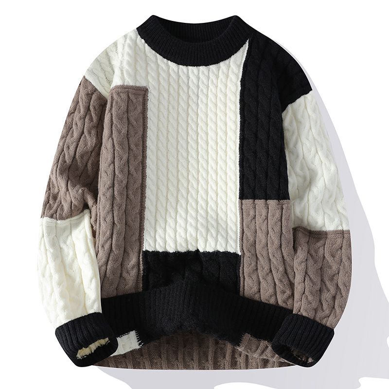 Men's Winter Teen Fashion Color Block Splicing Knitted Sweater Men's_viptrois.com