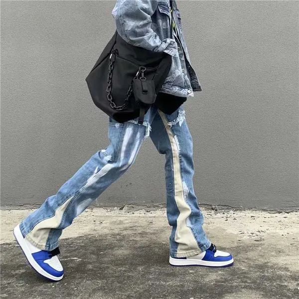 Men's 2022 Vibe Style Patchwork Washed Baggy Men Flare Jeans Pants Color Block Straight Loose Vintage Denim Trousers_viptrois.com