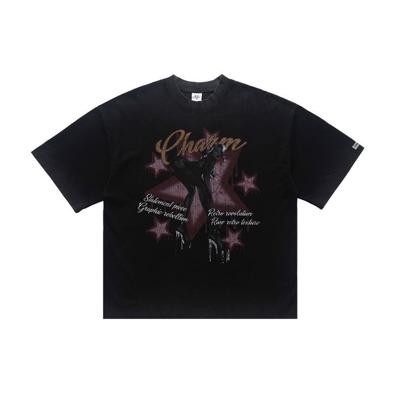 Washed T-Shirt American Print Loose Sleeve Short Wide Fit_viptrois.com