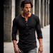 Men's Color Block Four Button Henry Long sleeved T-shirt D32_viptrois.com