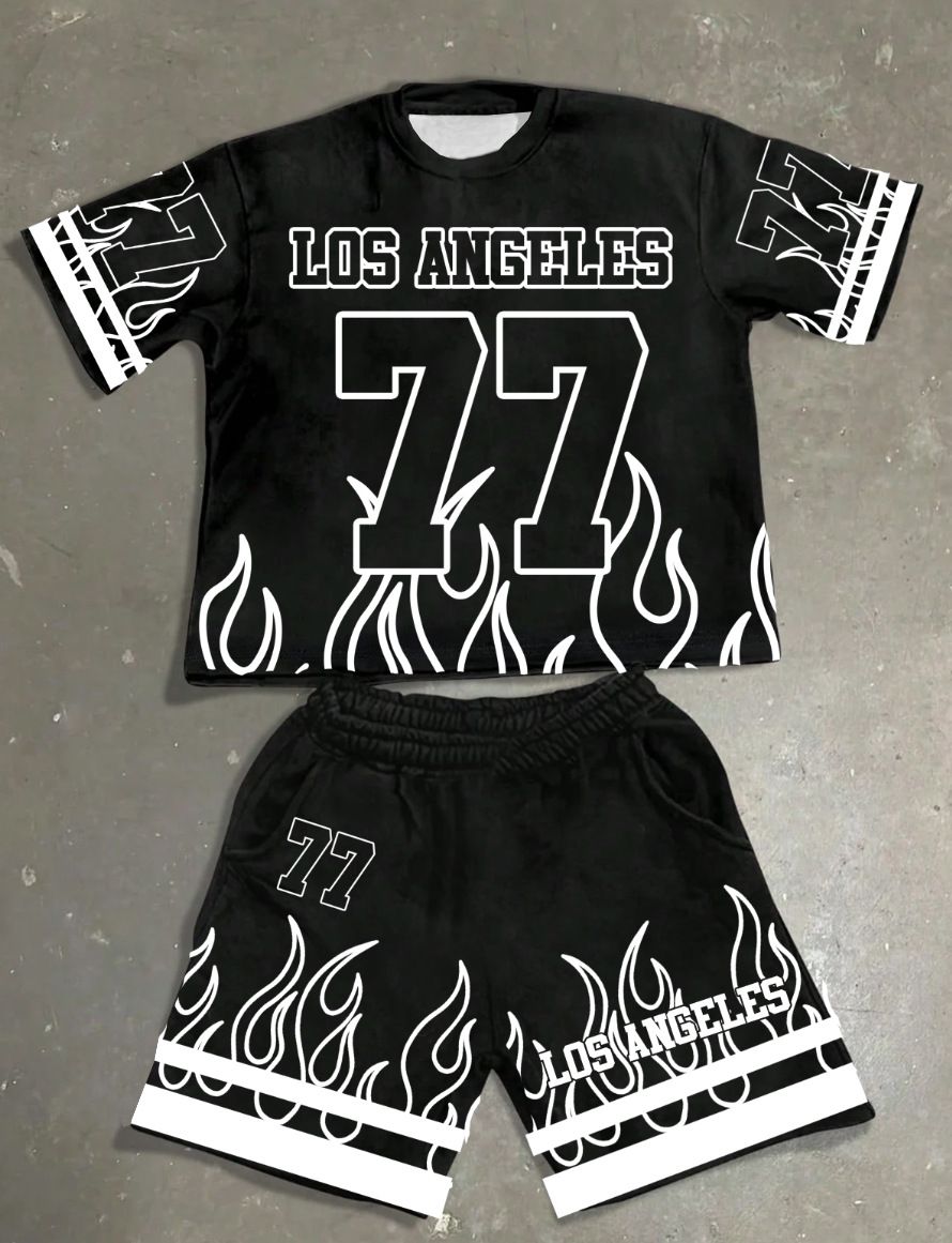 Men's Clothing 2 Pieces Summer Men's Summer Trend Casual Fashion Short Sleeve Shorts Set Letters And Numbers 77 Printing_viptrois.com