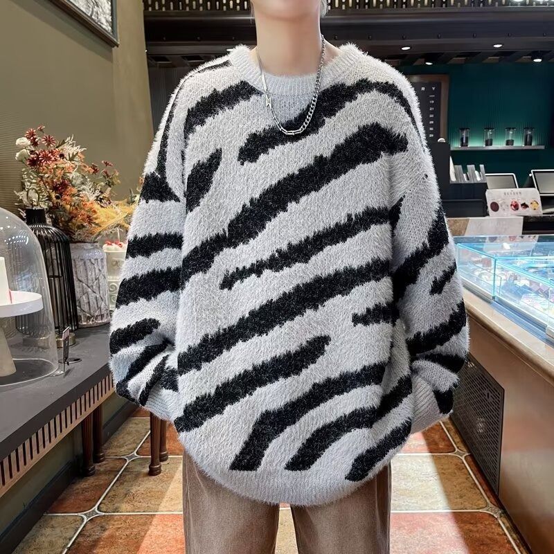 Zebra Patterned Thick Deer Plush Sweater With Contrasting Jacquard Collar Pullover Knit Sweater_viptrois.com