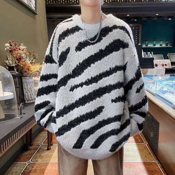 Zebra Patterned Thick Deer Plush Sweater With Contrasting Jacquard Collar Pullover Knit Sweater_viptrois.com