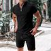 Waffle Lapel Polo Shirt Suit New Short Sleeved Shorts Casual Suit Summer Solid Color Loose T Shirt_viptrois.com