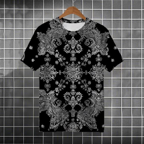 Men's Clothing Cashew Silver Ink Flower Pattern 3d Printing Direct Injection Short Sleeve Summer Retro Personality Pure Cotton Full Print T Shirt_viptrois.com