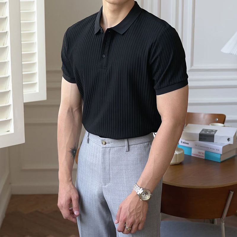 Vertical Stripe Knit Polo Men's Shirts Summer New Slim Solid Color Breathable Turn-Down Collar Business Short Sleeve Pol_viptrois.com