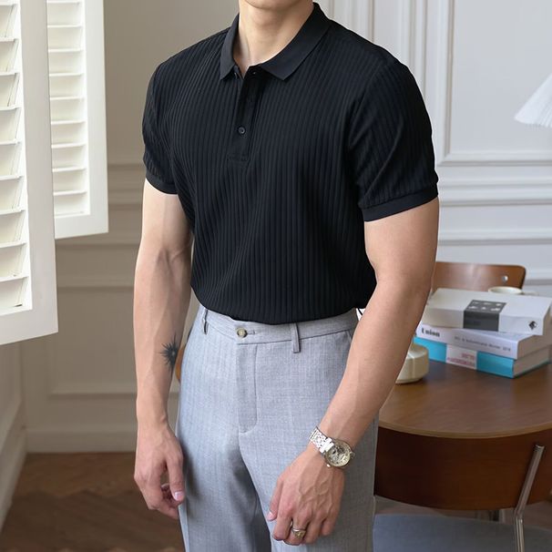 Vertical Stripe Knit Polo Men's Shirts Summer New Slim Solid Color Breathable Turn-Down Collar Business Short Sleeve Pol_viptrois.com