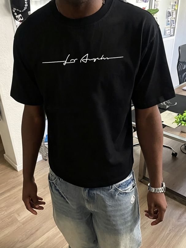 Men's Breathable Cotton T-Shirt Summer High Street Minimalist Casual Tee with LA Print Short Sleeve Top_viptrois.com