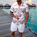 Men's Clothing Versatile Plant Pattern Printing Short Sleeved Village Shirt Shorts Suit_viptrois.com