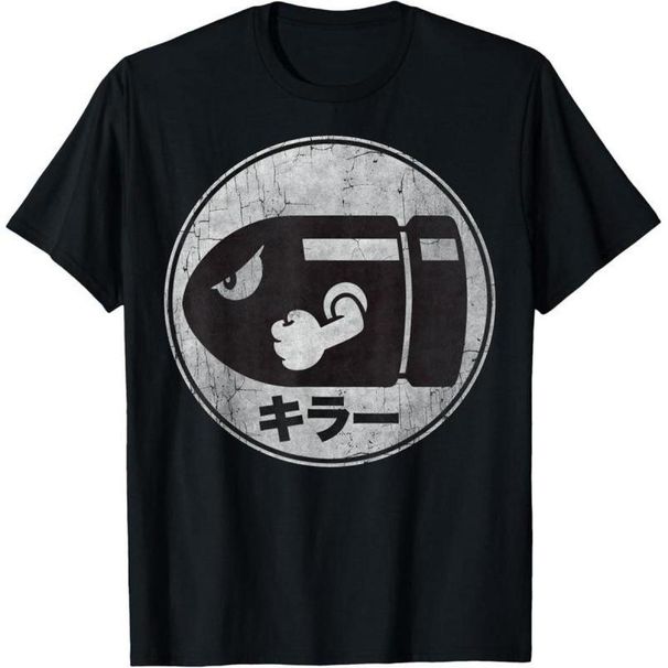 Camiseta Algodón 100% Con Logo Kanji Desgastado De Super Mario Bullet Bill_viptrois.com