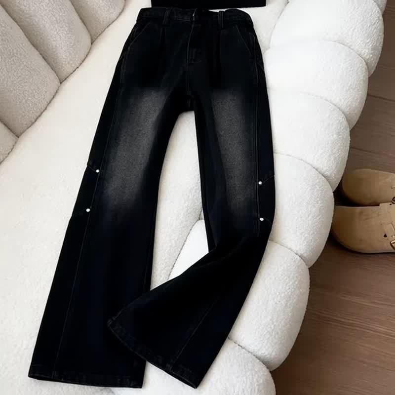New American Retro Style Men's Jeans Deconstructed Patchwork Design Black Grey Slightly Flared Straight Leg_viptrois.com