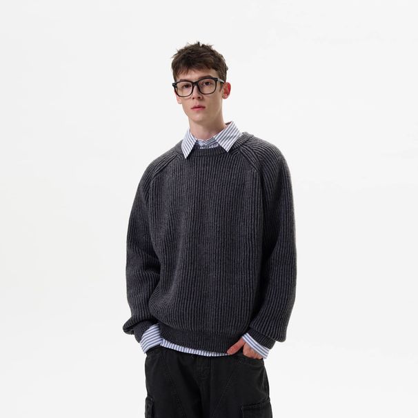 Solid Color Basic Round Neck Vertical Striped Sweater For Men In Spring Autumn , New Loose And Trendy Casual_viptrois.com