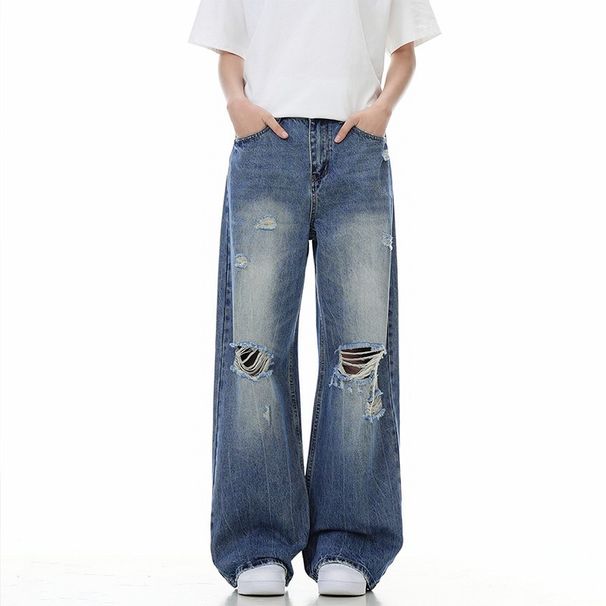 Men's American Retro Ripped Jeans Loose Straight Wide Leg High Street Fashion Summer_viptrois.com