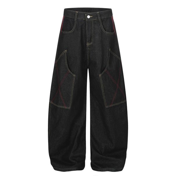 Workwear Scimitar Denim Men's Unique Niche Design Vibe Trendy Brand Large Pocket Stitched Wide-Leg Pants_viptrois.com