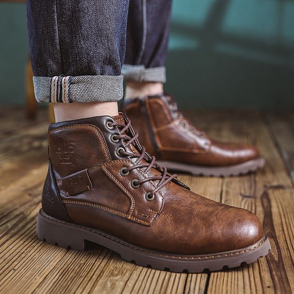 Martin Boots Men's Side Zipper Leather Boots Retro Trendy Men's Medium Top Short Boots Tooling Boots High Top Leather Shoes_viptrois.com