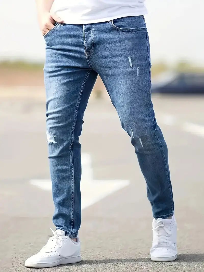 Distressed Herren Jeans Denim Löcher Skinny Vintage Wash Solid Bleistifthose 2024, Knöchellang, Mantel, Punk-Stil, Taschen, Schlank_viptrois.com