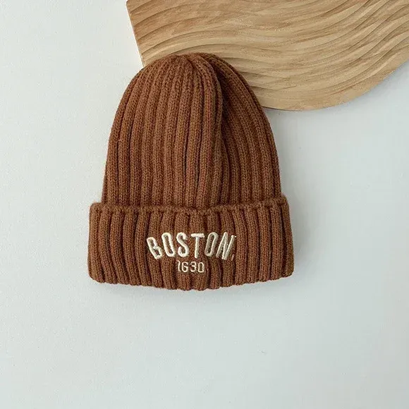 Single Color Baby Beanie Hat With Letters, Winter, Warm Knitted Hat For Girls And Boys, Vintage Embroidered BOSTON Crochet Hat For Toddlers And Kids_viptrois.com