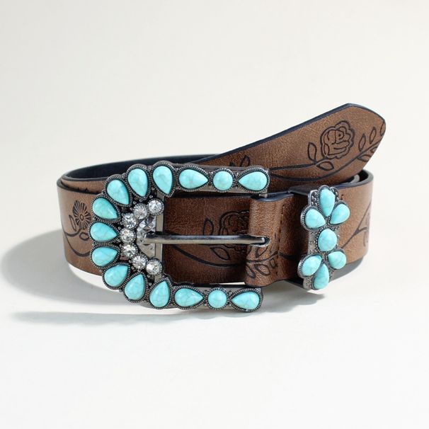 Western Boho Women's Belt - Stylish Printed Leather Waistband With Turquoise Bead Decor, Versatile For Dresses & Jeans_viptrois.com