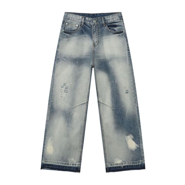 Men's Clothing Denim High Street Vibe Ripped Raw Edge Jeans Men's Trendy Brand Loose Straight Wide Leg Trousers_viptrois.com