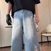 Glacier Blue Ripped Denim Shorts With Rough Edges, Men's American Washed Silhouette Design, Straight Leg Casual Cropped_viptrois.com