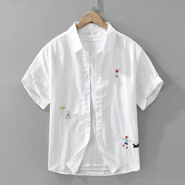 Fresh Embroidered Short Sleeved Shirt For Men, Fashionable And Versatile, Artistic And Casual Loose Top_viptrois.com