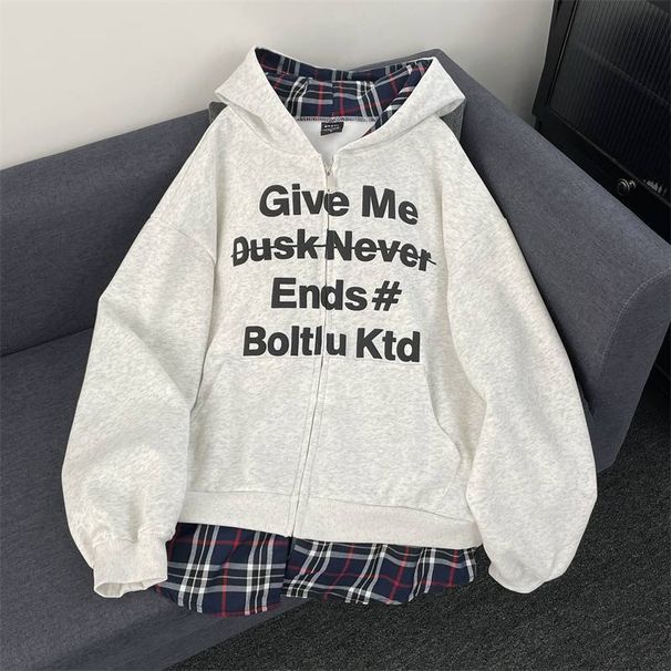 Men's Clothing American Style High Street Fake Two Piece Plaid Cardigan Hoodie Plus Velvet Sweater Jacket Autumn And Winter Loose Female Couple Style_viptrois.com