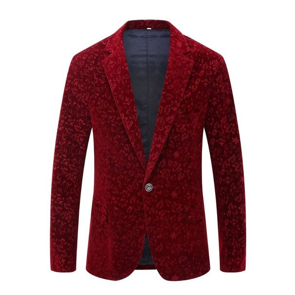 Man's clothing Men's suit Singer stage performance Burgundy velvet floral pattern coat slim wedding suit_viptrois.com