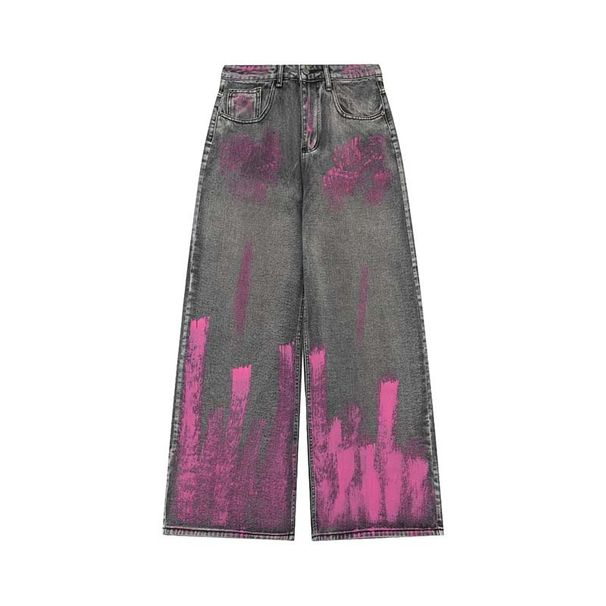 Men's Clothing Graffiti Spray Painted Washed Distressed Jeans High Street Loose Straight Wide Leg Casual Trousers_viptrois.com