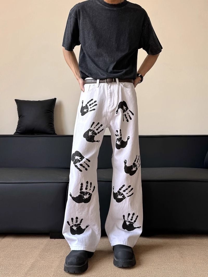 Palm Print Flared Jeans Men's Summer New Style Hiphop American Street Style Hip Hop Loose Slim Long Pants_viptrois.com