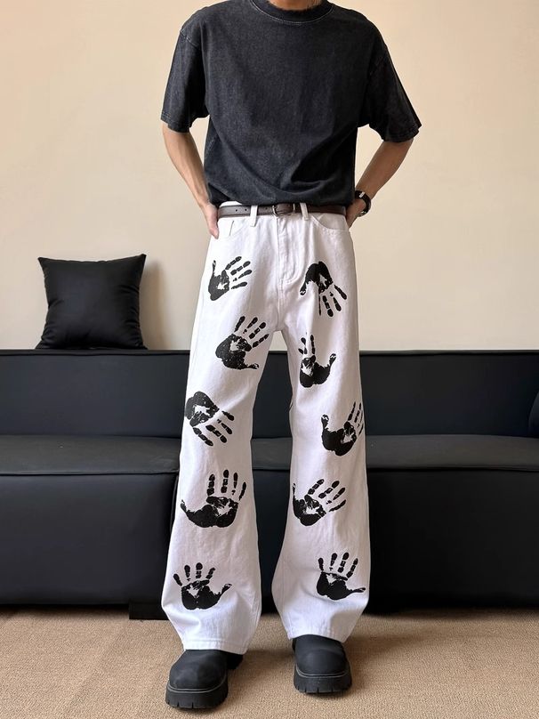 Palm Print Flared Jeans Men's Summer New Style Hiphop American Street Style Hip Hop Loose Slim Long Pants_viptrois.com
